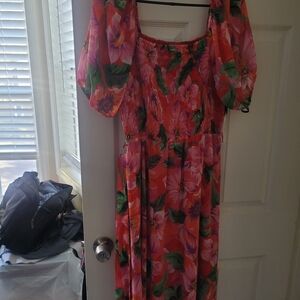 Kensie Asymmetrical Dress in Pink and Green Floral